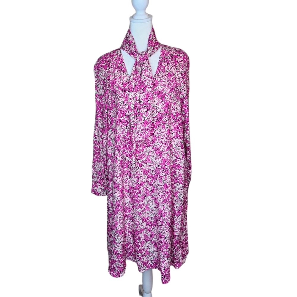 Hobbs London Monroe Pink Multi Print Tie Neck Dress Size US 8